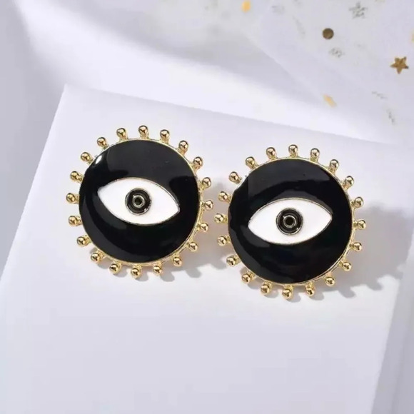 NEW! Boho Round Studded Enamel Evil Eye Stud Earrings - Picture 6 of 10